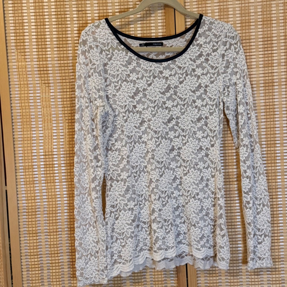 Maurices Womens Large Floral Lace Long Sleeve Top Cream Scalloped Hem Trim Neck